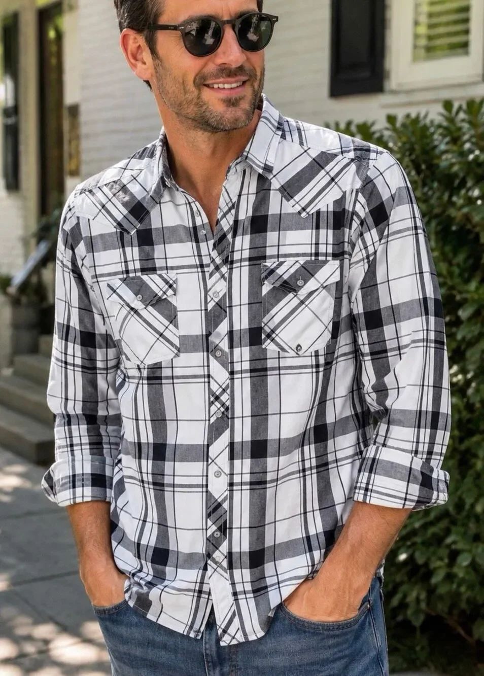 Roebuck & Co. XXL Western Pearl Snap Front Plaid Shirt 100% Cotton Blue White